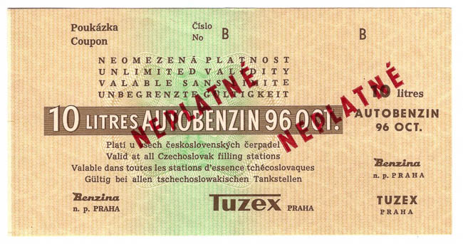 Poukázka Tuzex (10 l benzínu 96 oct.) SPECIMEN - avers