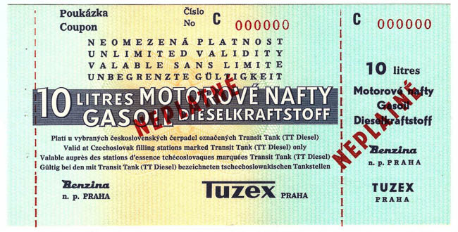 Poukázka Tuzex (10 l motorové nafty) SPECIMEN - avers