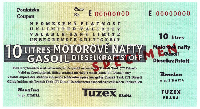 Poukázka Tuzex (10 l motorové nafty) SPECIMEN - avers