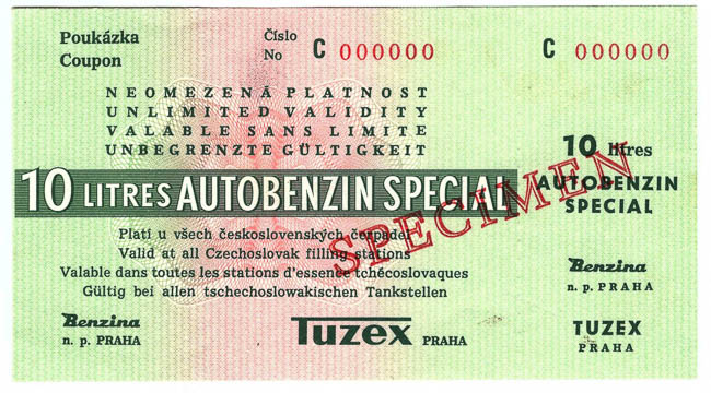 Poukázka Tuzex (10 l benzínu Special) SPECIMEN - avers