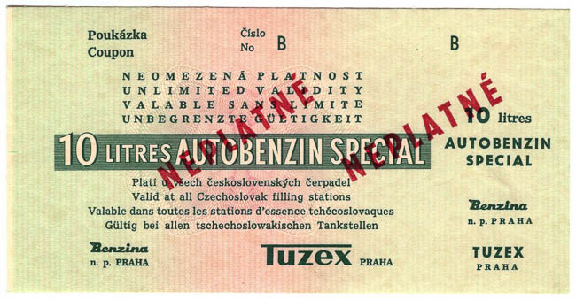 Poukázka Tuzex (10 l benzínu Special) SPECIMEN - avers