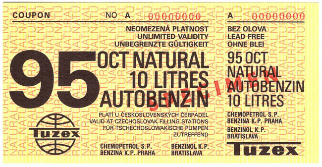 Poukázka Tuzex (10 l benzínu 95 oct. Natural) SPECIMEN - avers