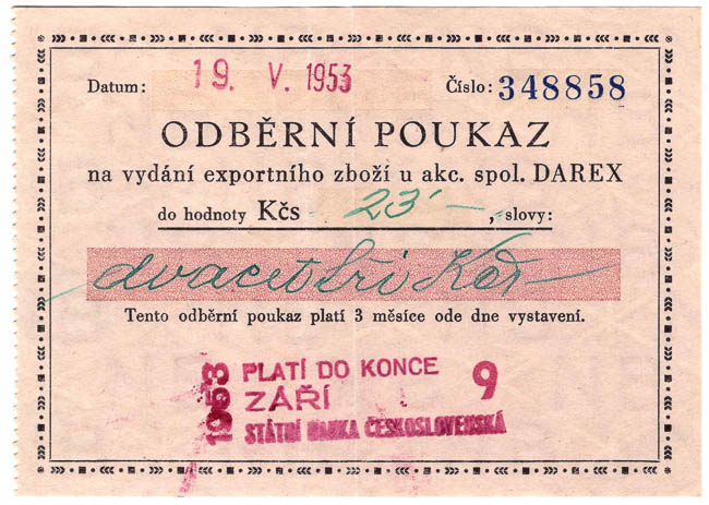 23 Kčs Odběrní poukaz Darex - avers
