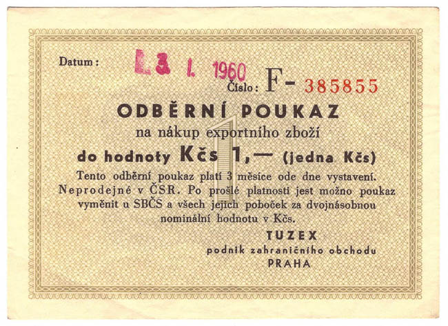 1 TKčs Odběrní poukaz Tuzex 3. I. 1960 - avers