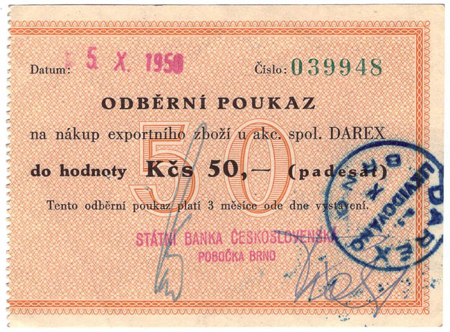 50 Kčs Odběrní poukaz Darex 5.X.1950 - avers