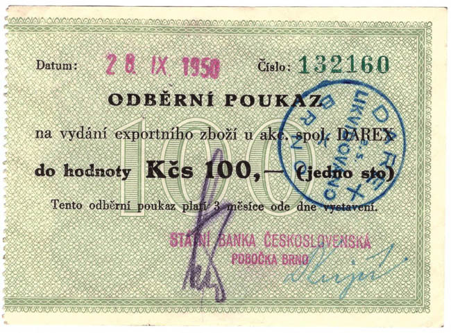100 Kčs Odběrní poukaz Darex 28.IX.1950 - avers