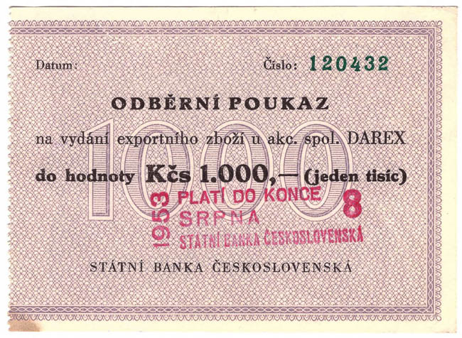 1000 Kčs Odběrní poukaz Darex - avers